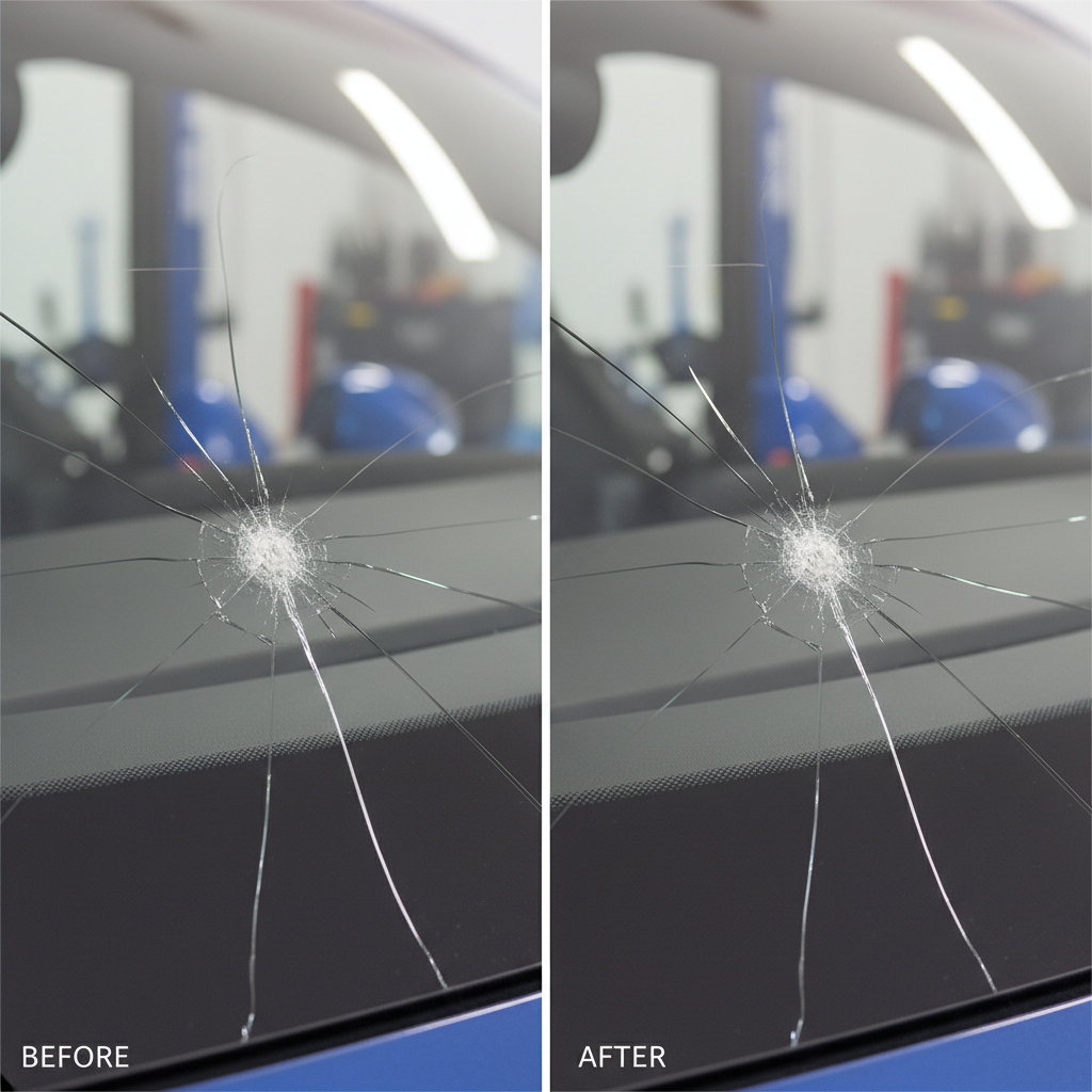 Réparation d'impact pare-brise avant après