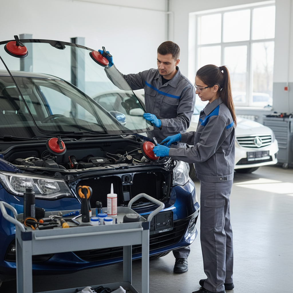 Équipe de techniciens vitrage automobile