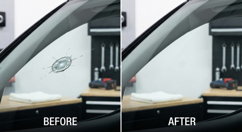 Réparation d'impact pare-brise avant après