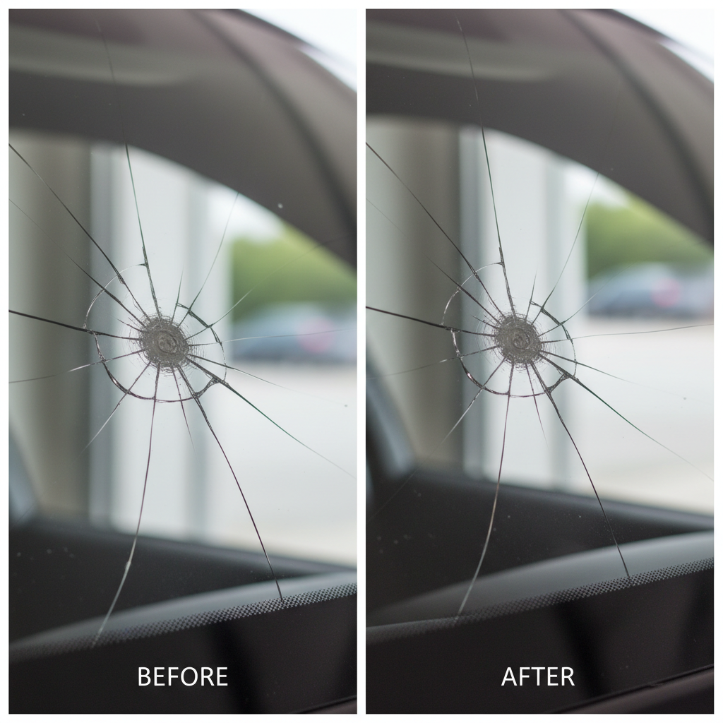 Réparation d'impact pare-brise avant après