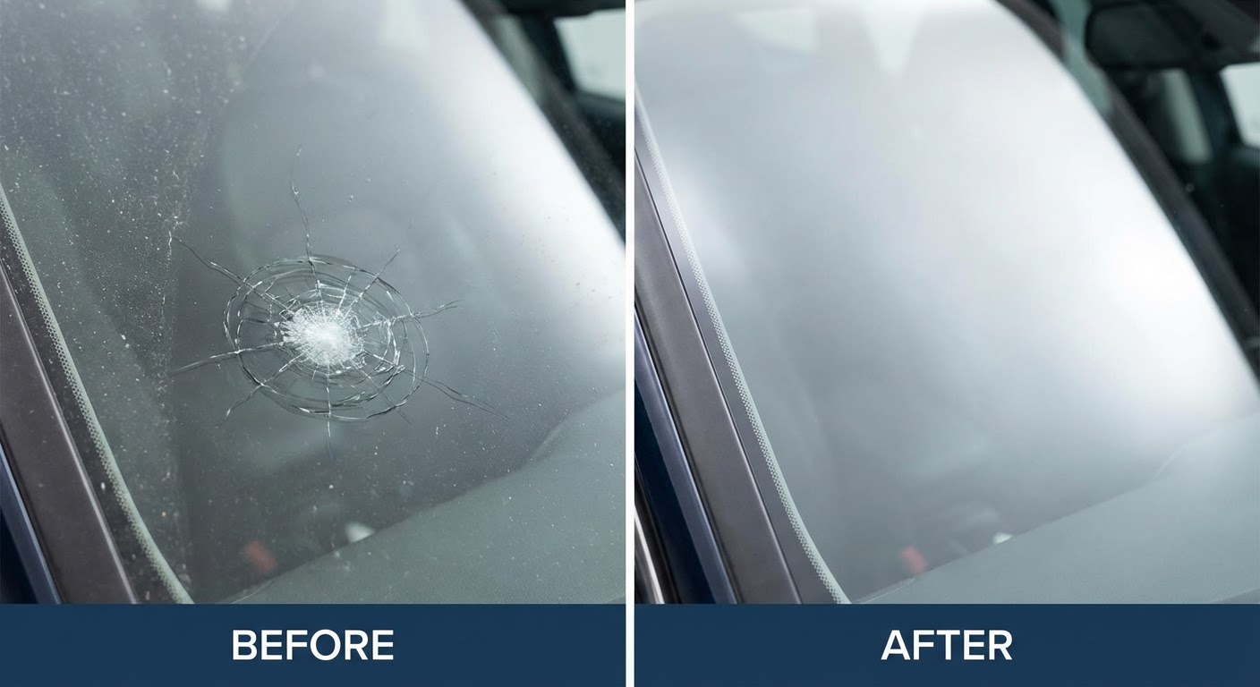 Réparation d'impact pare-brise avant après