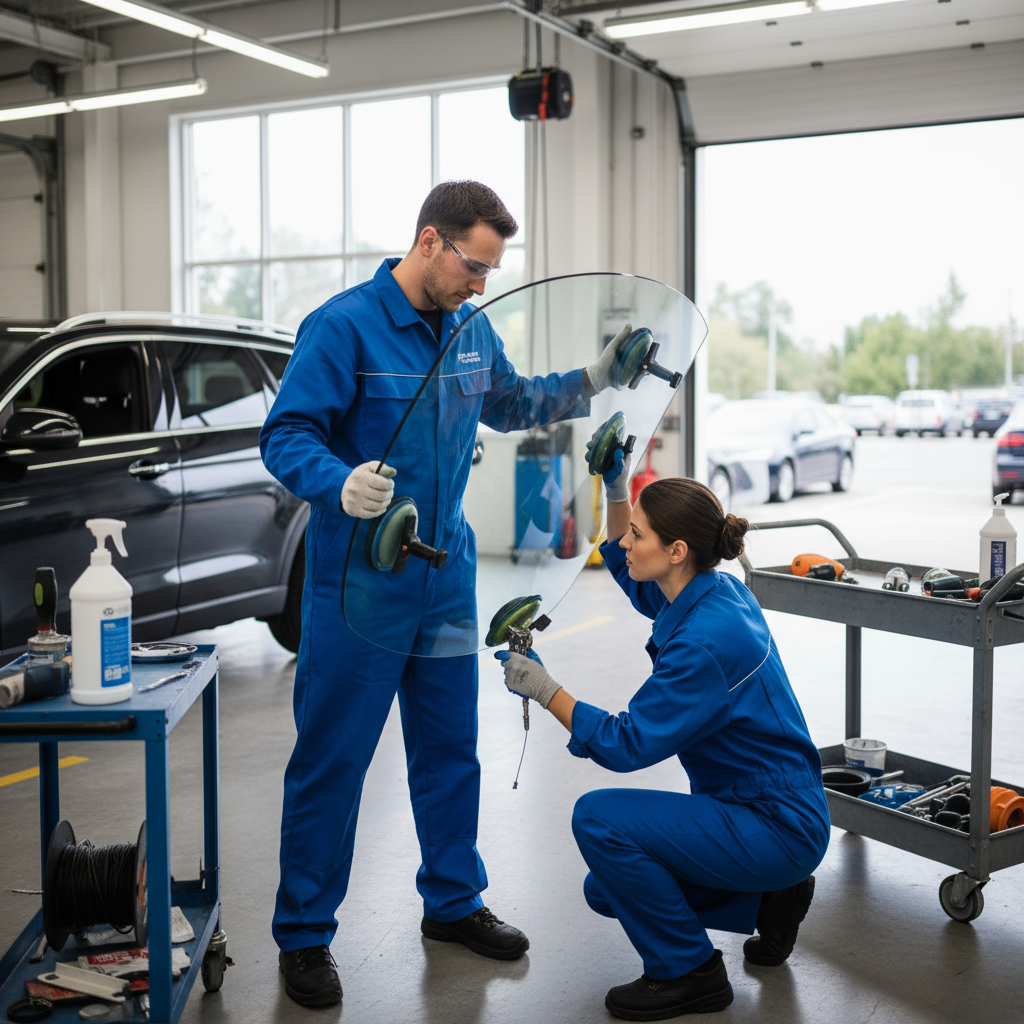 Équipe de techniciens vitrage automobile