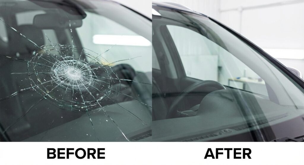 Réparation d'impact pare-brise avant après